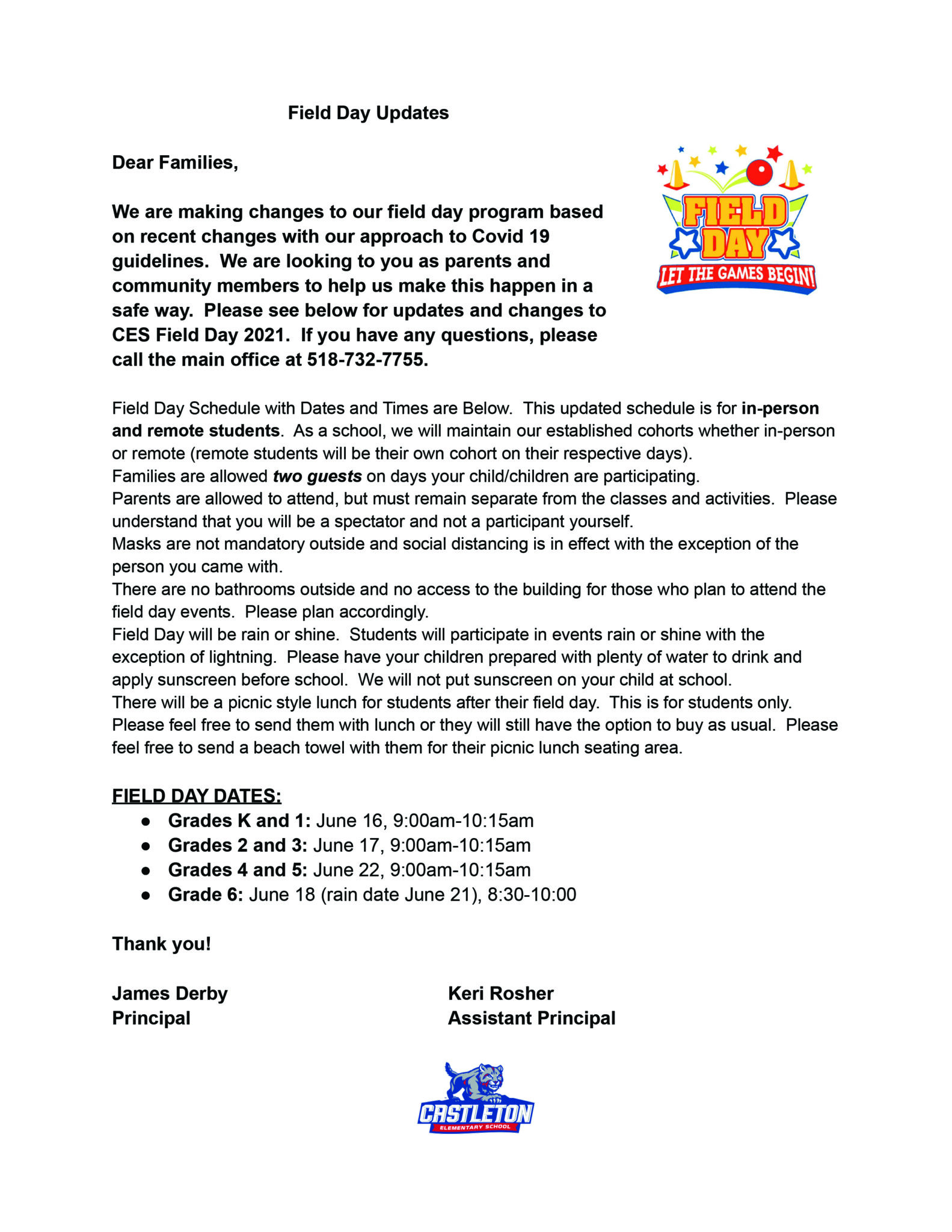 Field Day Updates for K6 Schodack Central School District