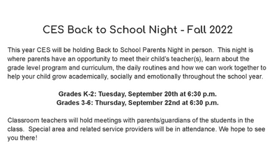 Castleton Elementary Parent Nights on Sept. 20 & Sept. 22