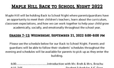 Maple Hill Back to School Parents Night on Sept. 21