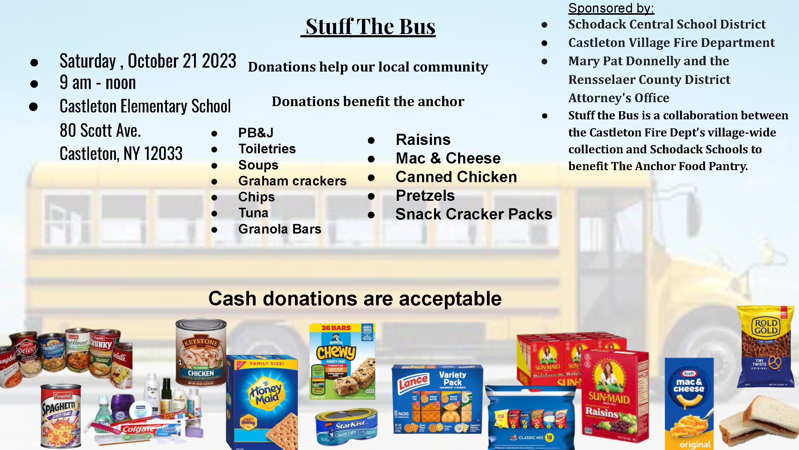 Flyer for Stuff the Bus Food Drive on October 21 2023