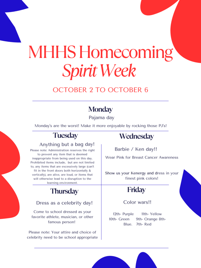 Maple Hill Spirit Week Fall 2023 Schedule