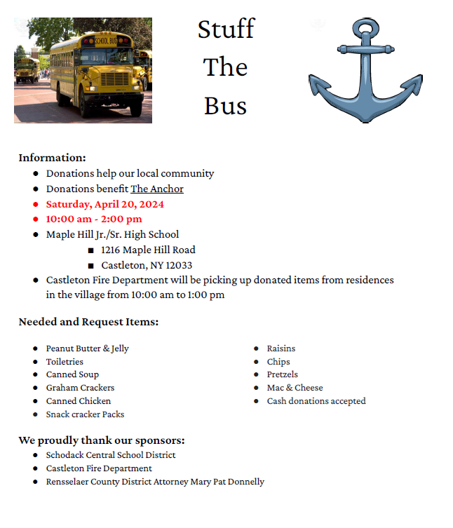 Flyer for Stuff the Bus Food Drive at Maple Hill