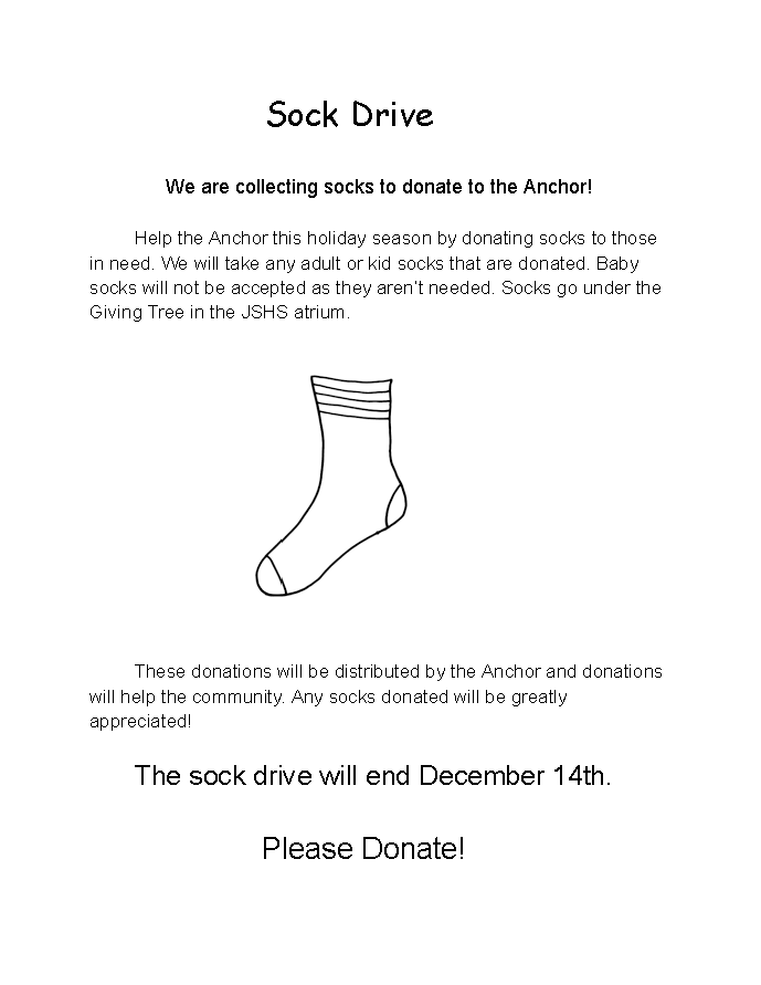 Flyer for the 7th Grade Sock Collection for the Anchor Pantry
