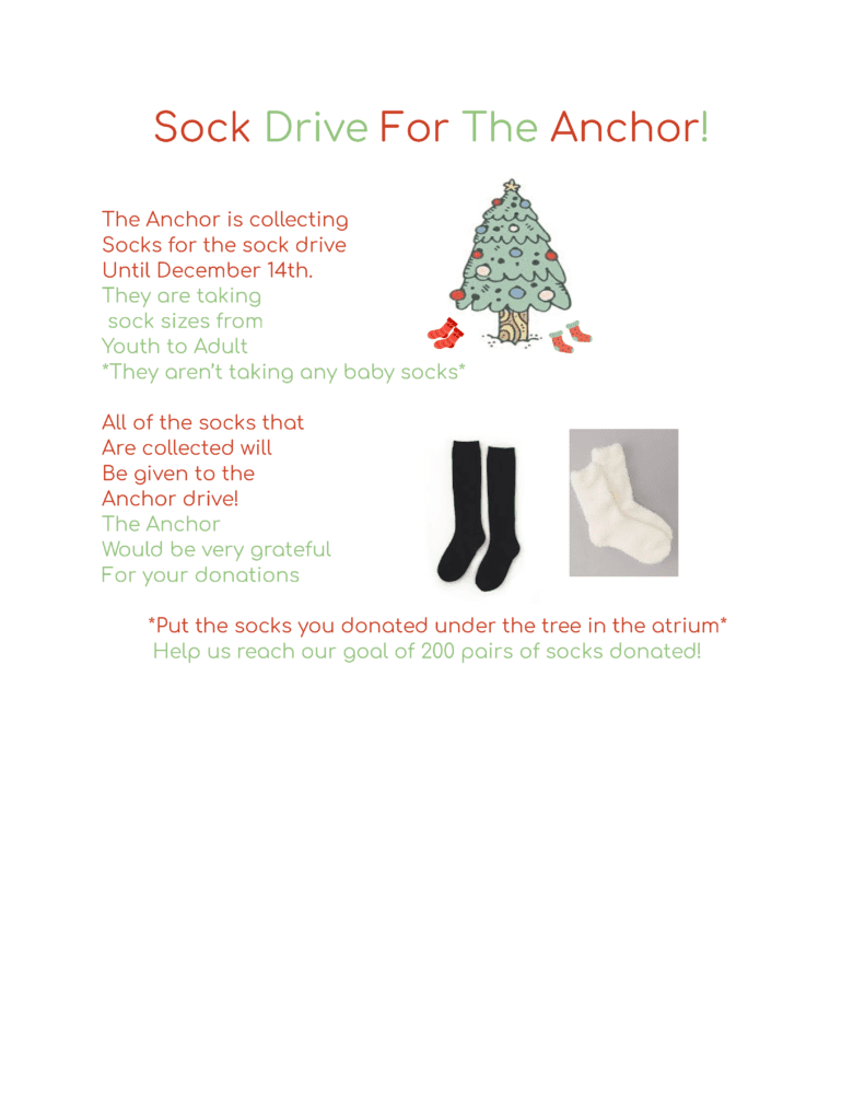 Flyer for the 7th Grade Sock Collection for the Anchor Pantry