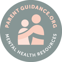 Button reading Parent Guidance.org mental health resources. Button has two figures embracing in the middle of it. 