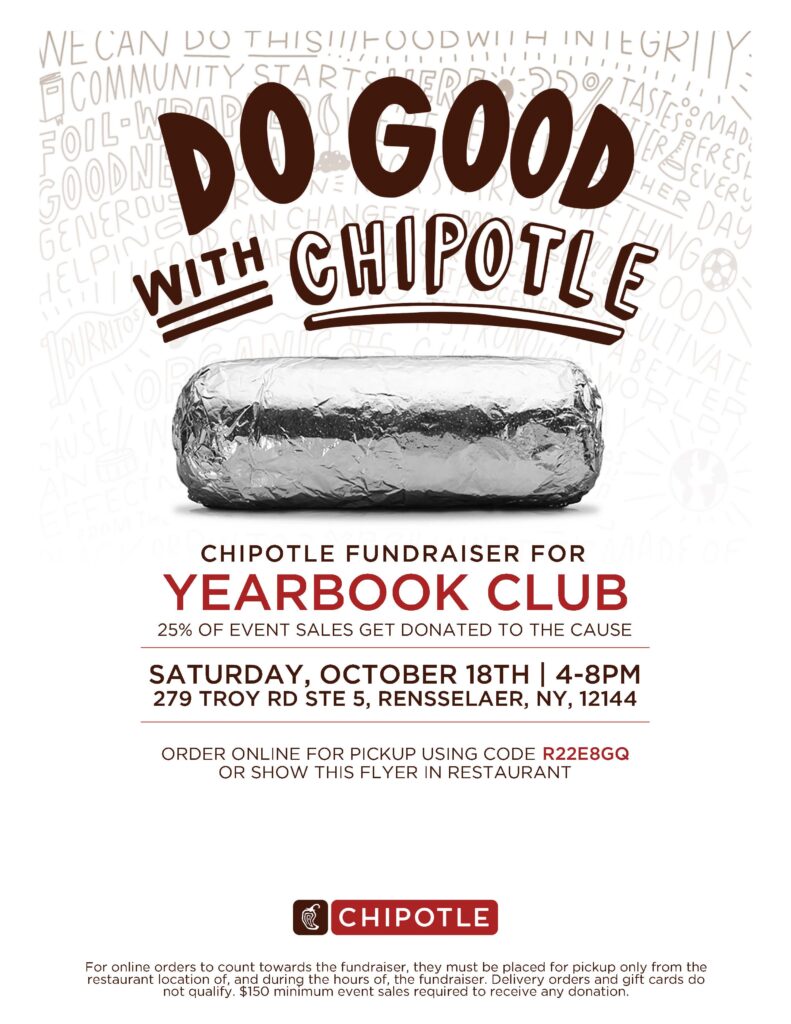 Flyer for Maple Hill Yearbook Club Fundraiser at Chipotle