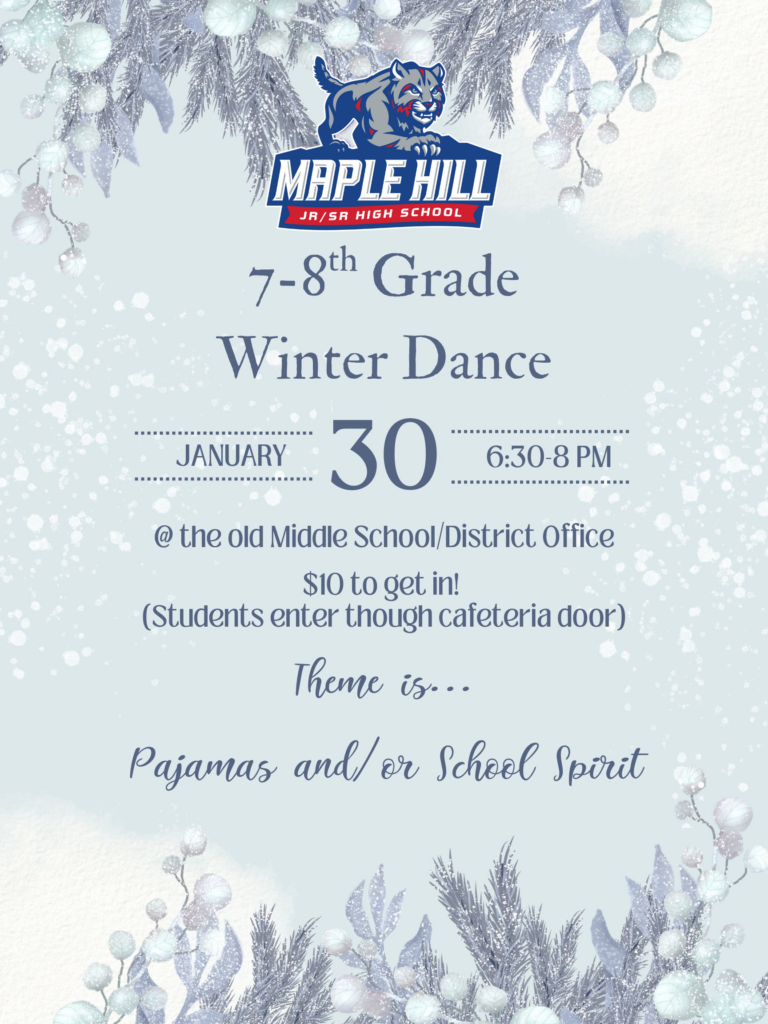 Flyer for January 2026 Grades 7–8 Winter Dance
