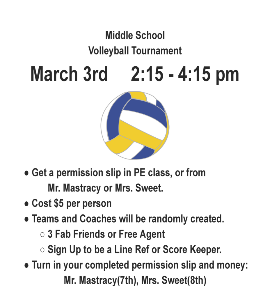 Flyer for 2026 Grades 7 and 8 Volleyball Tournament Flyer