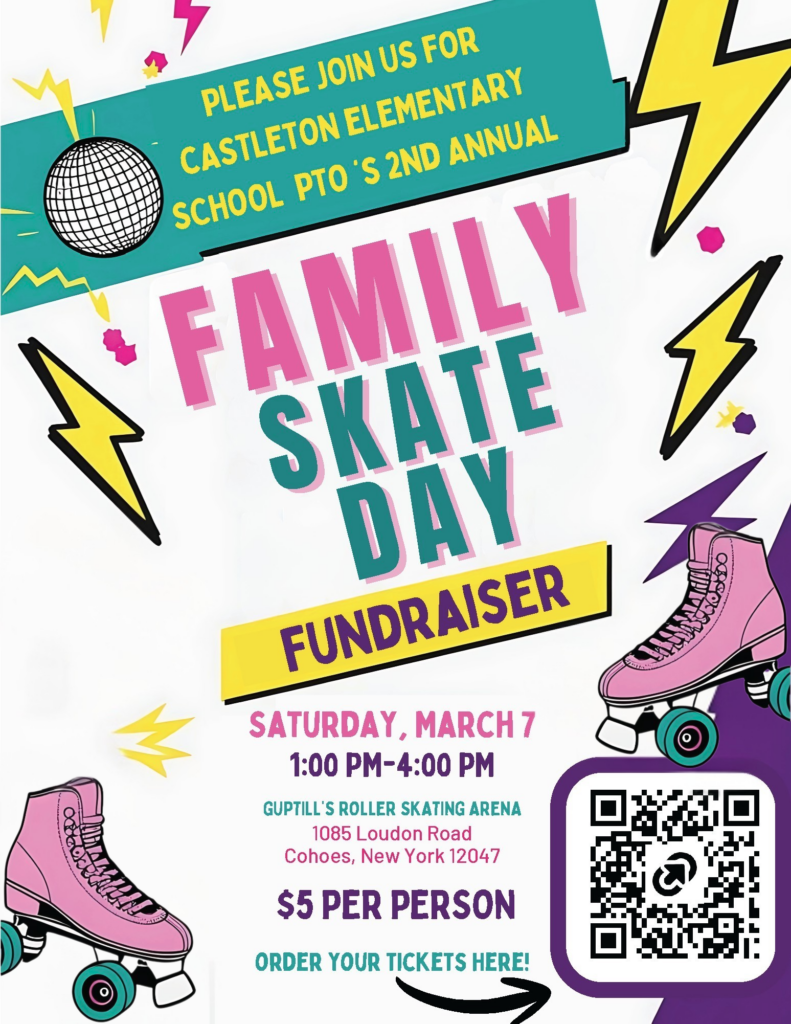 Promotional flyer for Castleton Elementary School PTO’s 2nd Annual Family Roller Skating Day Fundraiser on Saturday, March 7.