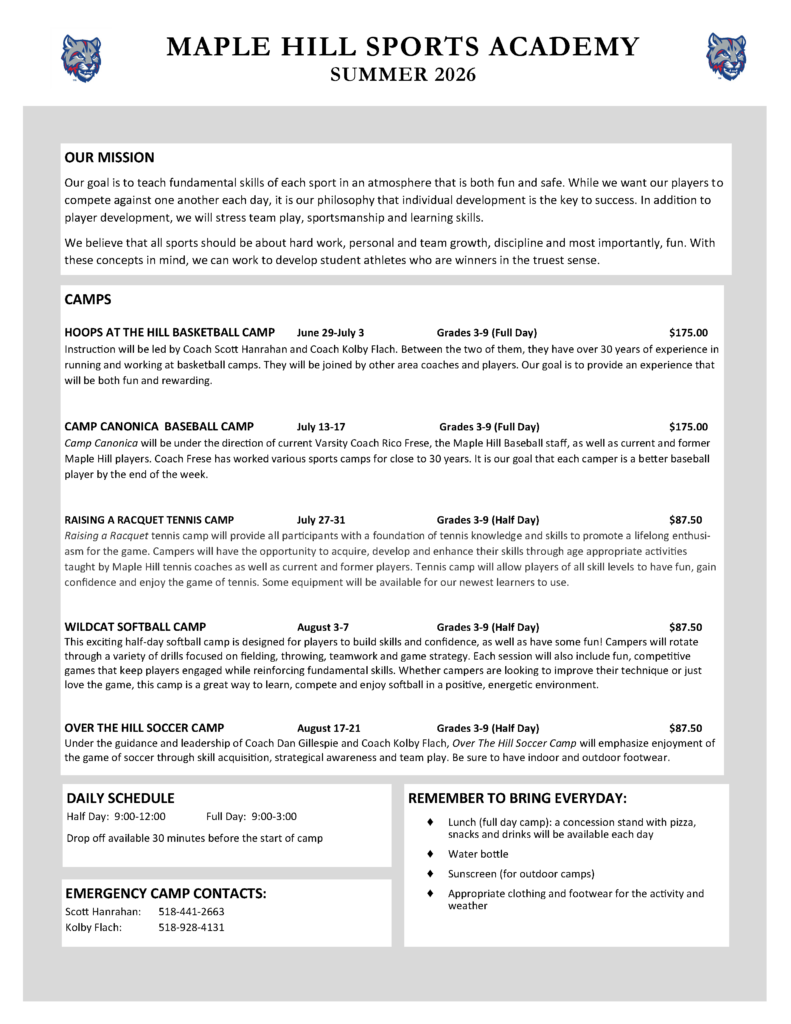 Flyer with descriptions of 2026 Maple Hill Summer Sports Academy programs.