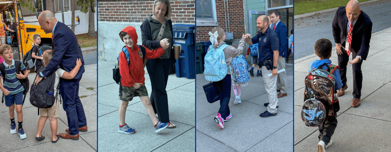 Four images of student's arriving at Castleton Elementary School