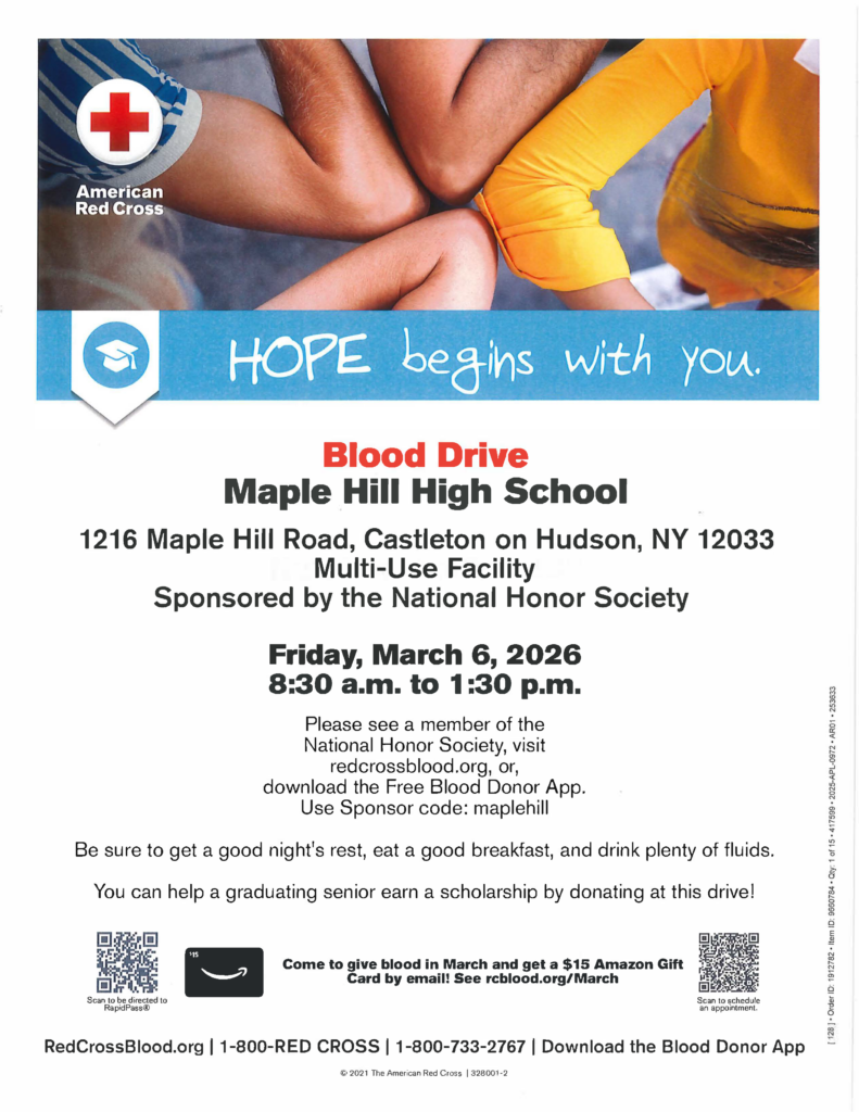 Flyer for Maple Honor Society Blood Drive on March 6, 2026