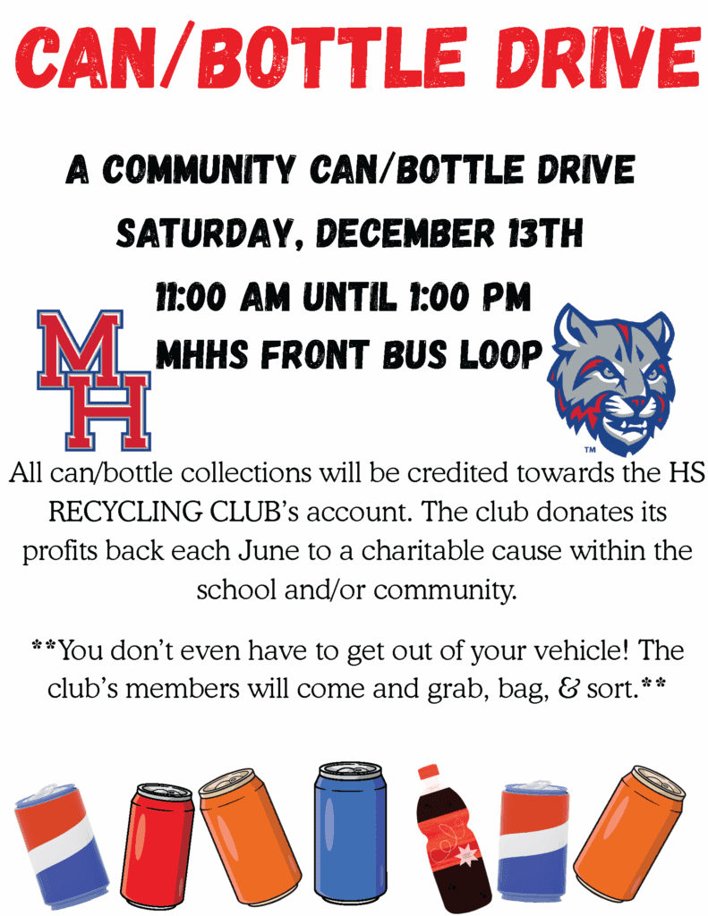 Flyer for Maple Hill Recycling Club Bottle and Can Drive on December 13