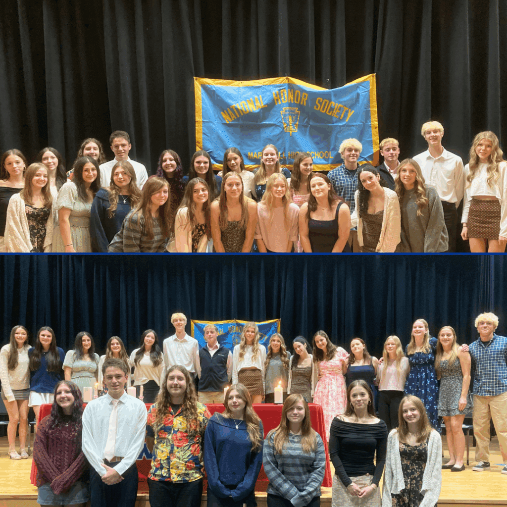 Two photos showing groups of high school students on a stage in front of a dark curtain and a blue and yellow banner that reads, "National Honor Society, Maple Hill High School." The top photo shows a larger group of students, mostly standing. The bottom photo shows a smaller group of students in the front row, with another group of students standing behind them.