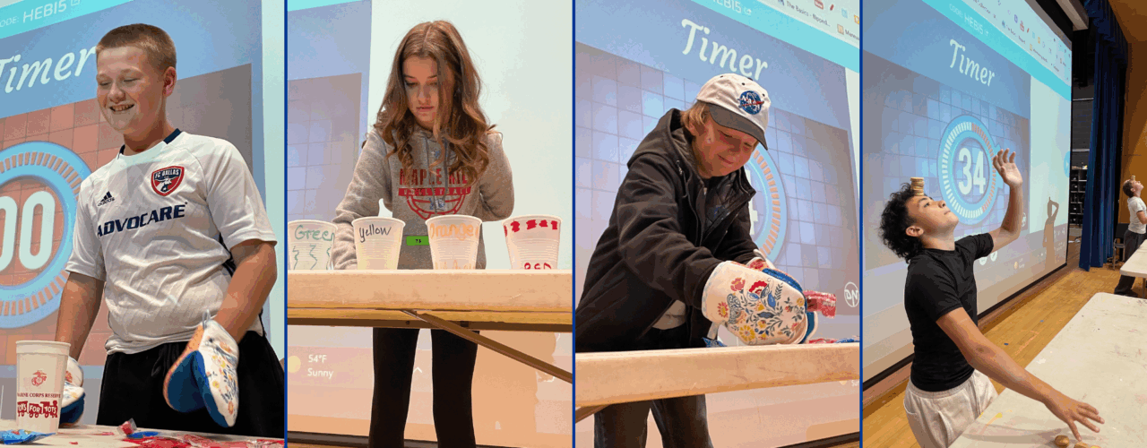 A collage of four vertical photos shows students participating in a "Minute to Win It" style timed activity.