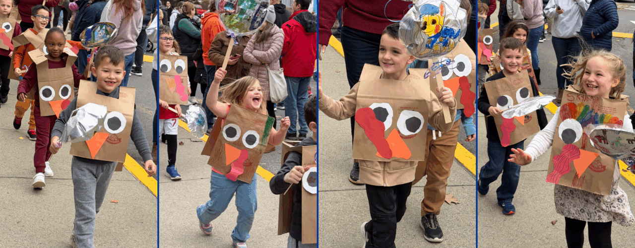 A four-panel collage of elementary students in a parade wearing handmade turkey costumes made from brown paper bags.