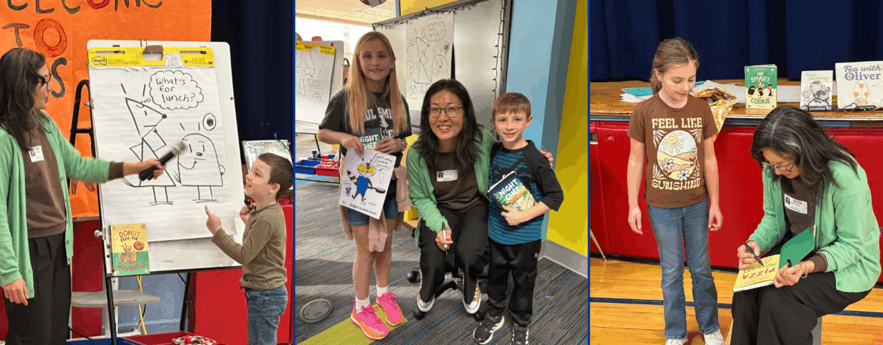 A three-panel collage of an author visit. The author is seen drawing on a large easel, signing books and posing for a picture with students.