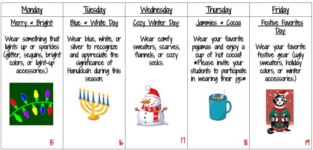 Schedule for Castleton Elementary School's 2025 Holiday Spirit Week