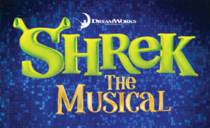 Logo for "Shrek The Musical" by DreamWorks Theatricals. The word "Shrek" is in green with ogre ears on the letter S.
