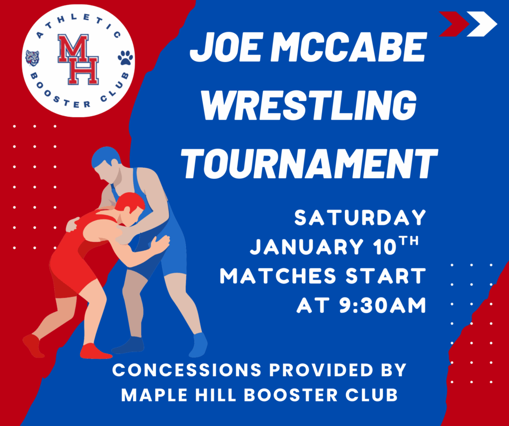 Blue and red promotional graphic for 2026 Joe McCabe Wrestling Tournament