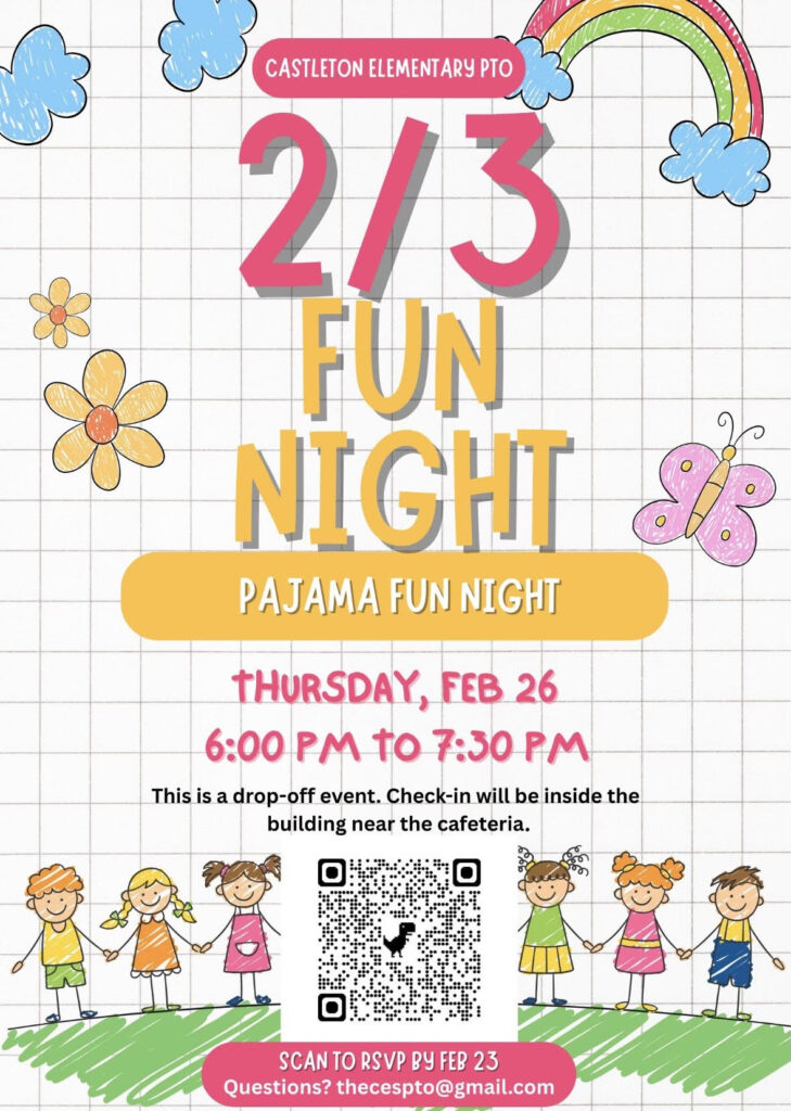 Promotional flyer for Castleton Elementary PTO Grades 2–3 Fun Night on Thursday, February 26, from 6:00 PM to 7:30 PM.