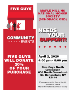 Flyer with information about Maple Hill High School National Honor Society's Five Guys Fundraiser on Thursday, April 2