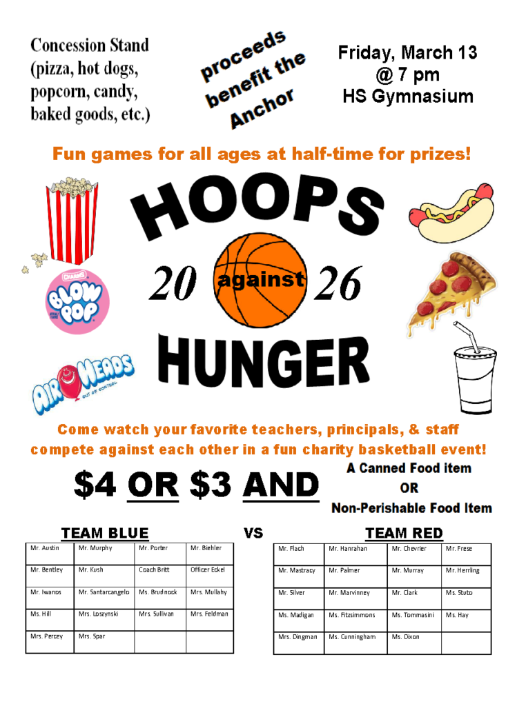 Promotional flyer for the 2026 Hoops Against Hunger basketball game on Friday, March 13