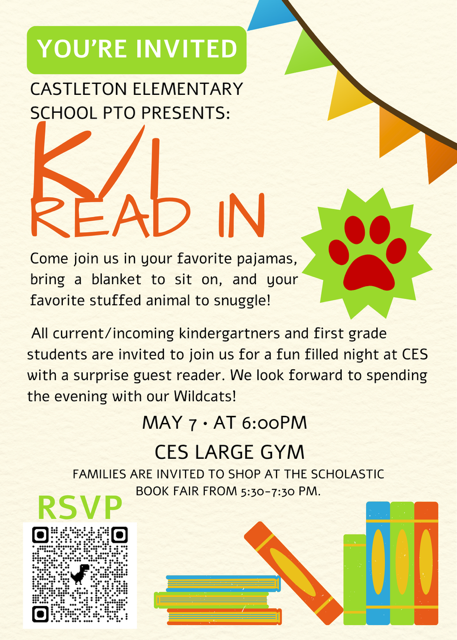 Flyer for Kindergarten and Grade 1 Read In Event on Thursday May 7