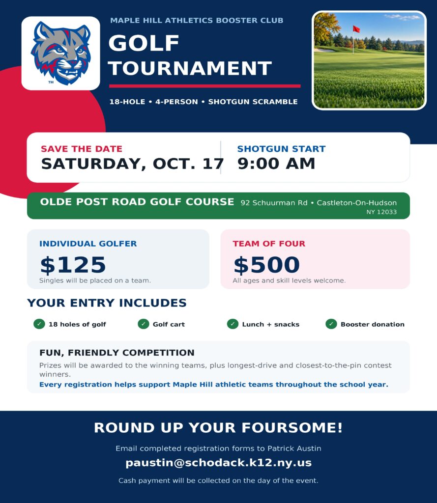 Graphic promoting Maple Hill Athletics Booster Club Golf Tournament on Saturday, October 17 at 9:00 AM at Olde Post Road Golf Course.