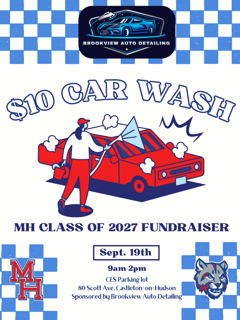 Flyer promoting a $10 Car Wash Fundraiser hosted by the Maple Hill Class of 2027, featuring an illustration of a person washing a red car.