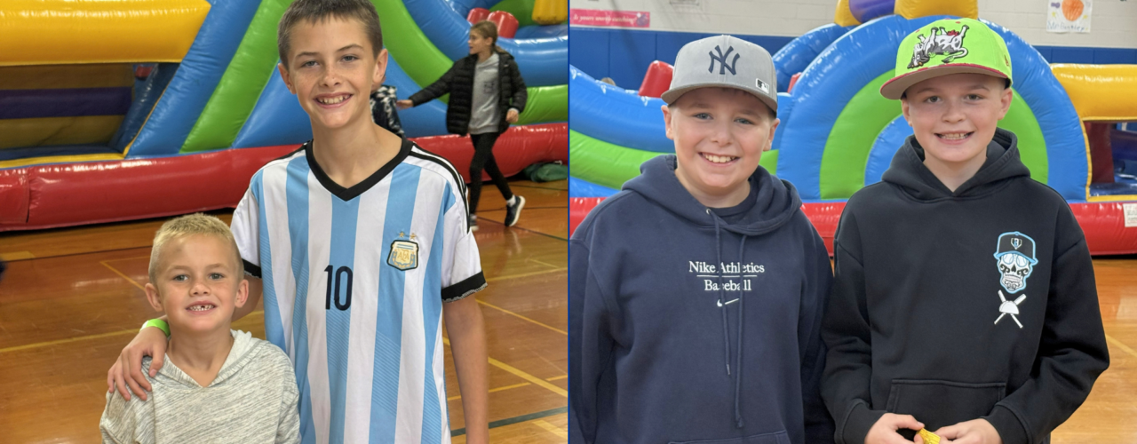 Split image showing smiling students posing in front of inflatable obstacle courses during a school fair.