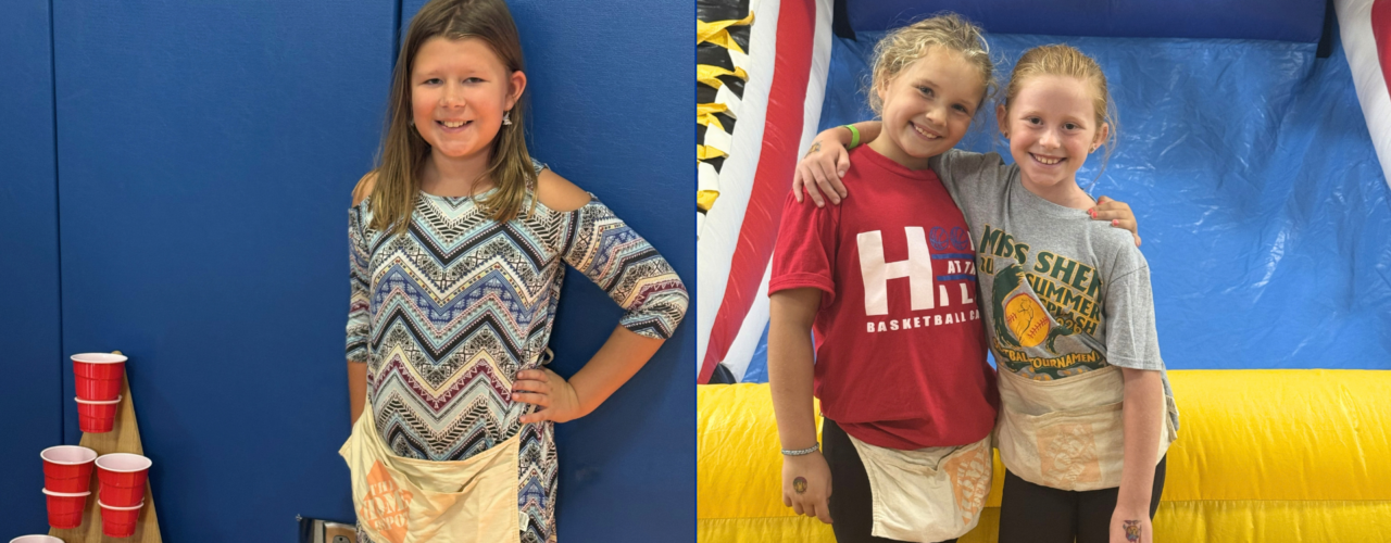Split image showing students wearing apron pouches at a school fair.