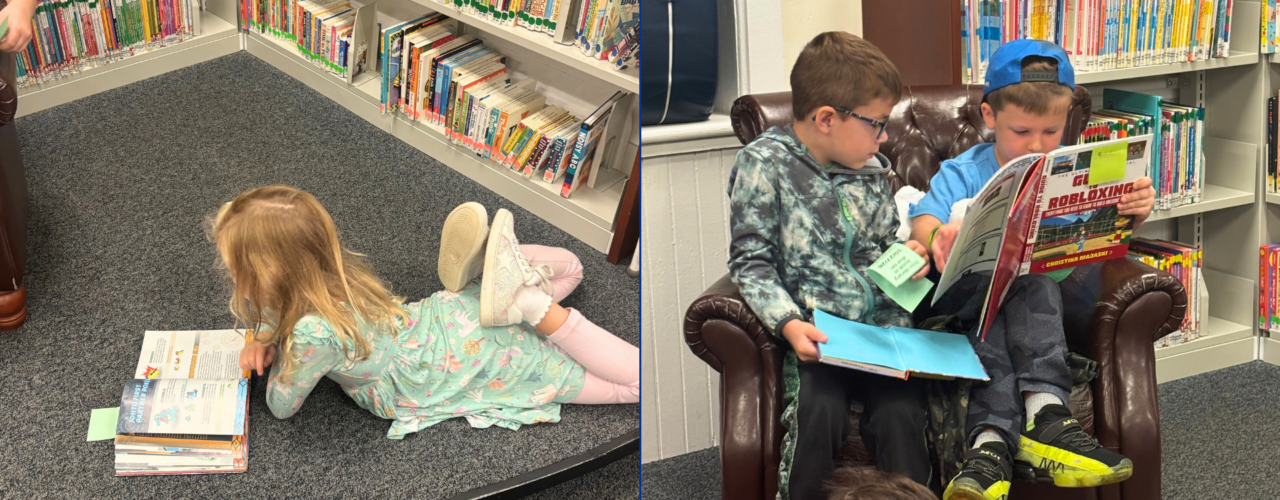 Split image showing elementary students reading books in a library, sitting in an armchair and lying on the carpet.